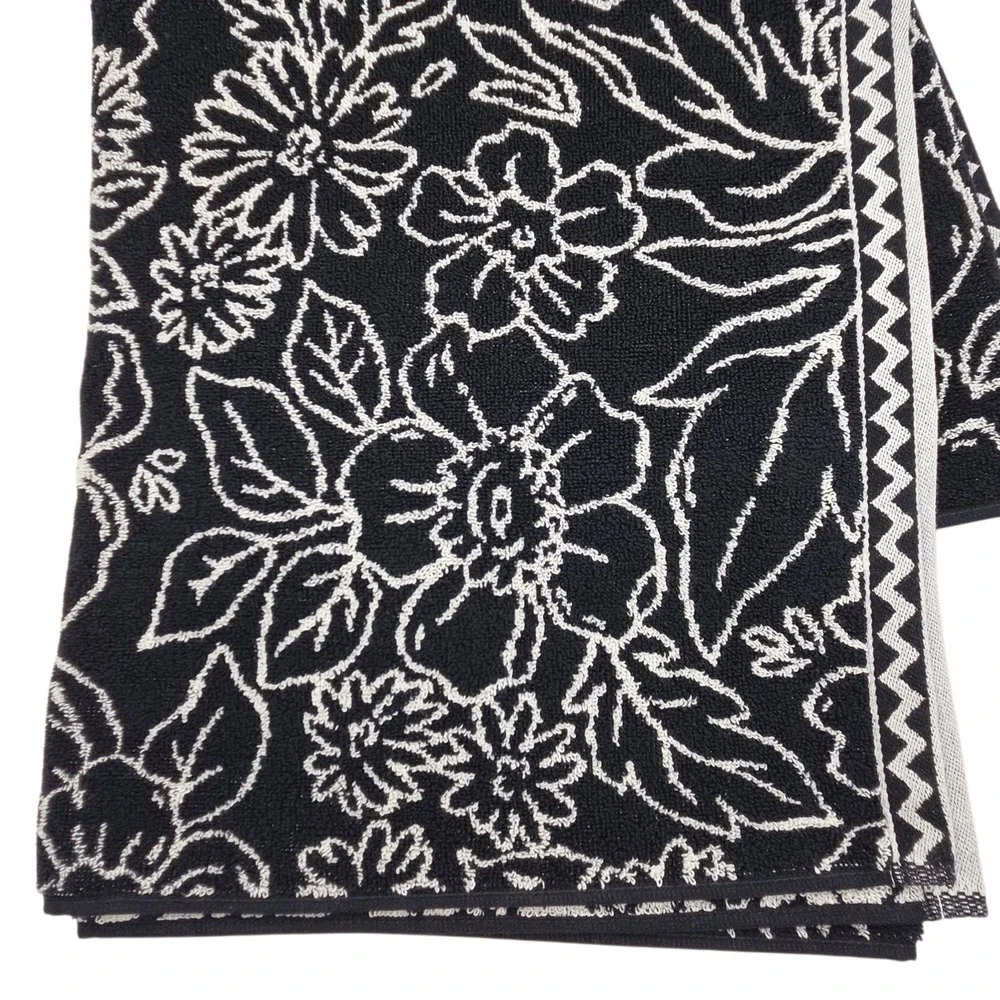 Rachel Zoe Black Ecru Floral Reversible Cotton Towel Set 4pc 2 Bath 2 Hand